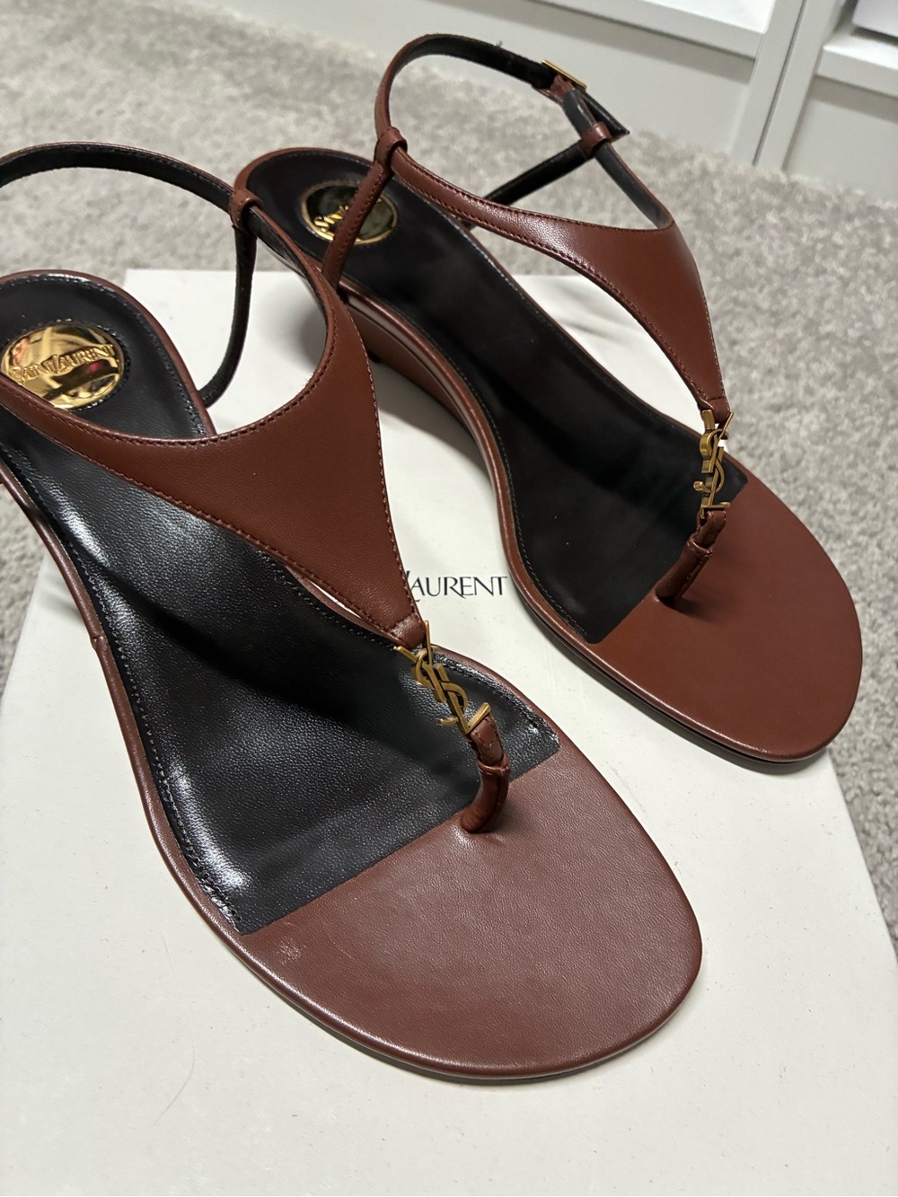 Saint Laurent Brown Leather T-Strap Sandals with Gold YSl. Cassandra wedge